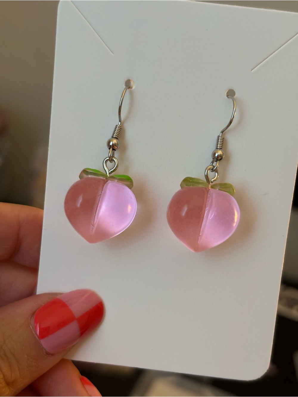 Pink Peach Drop Earrings with Green Leaf Accent - Women Jewelry